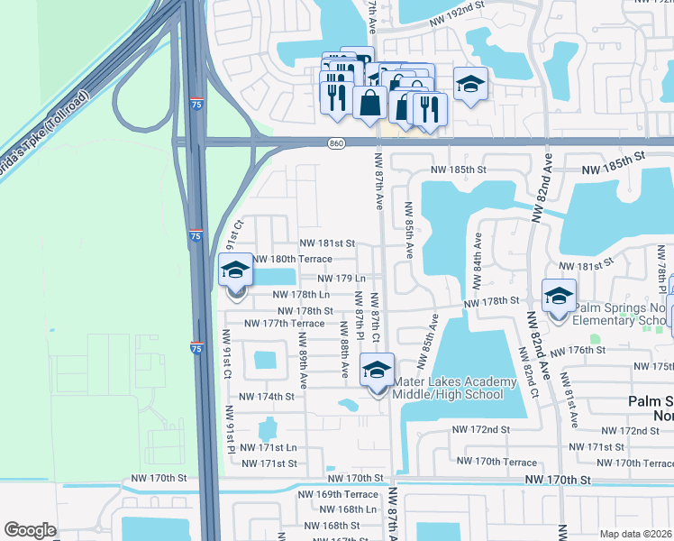 map of restaurants, bars, coffee shops, grocery stores, and more near 8828 Northwest 179 Lane in Hialeah