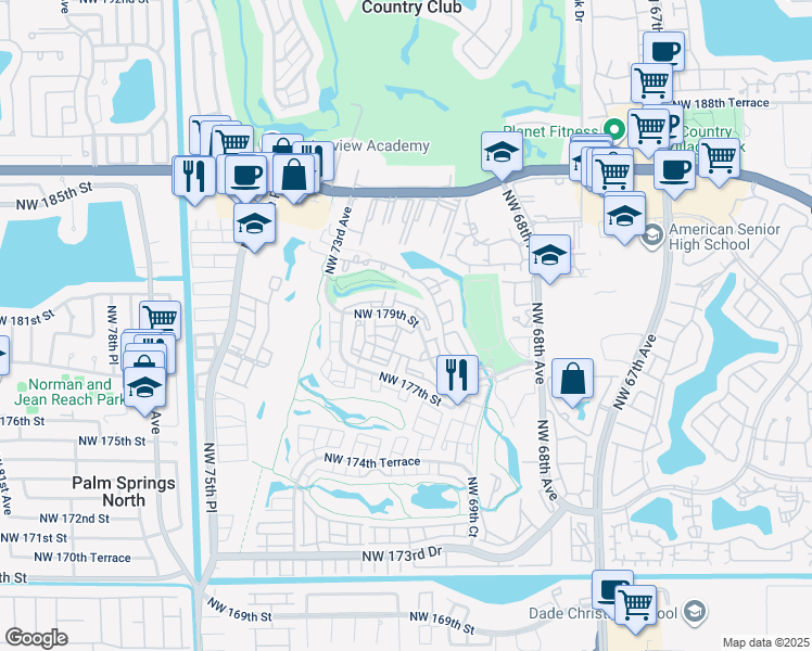 map of restaurants, bars, coffee shops, grocery stores, and more near 7080 Northwest 179th Street in Hialeah