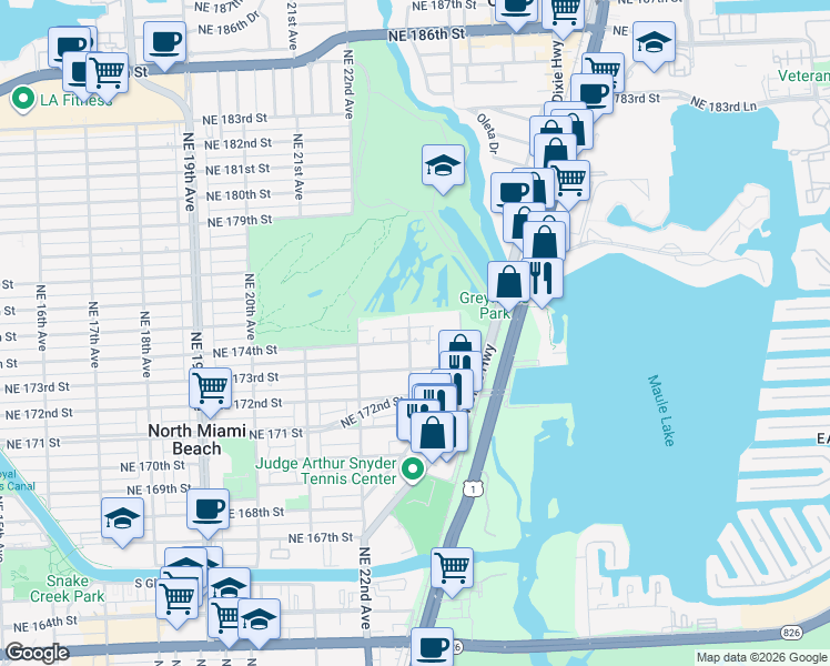 map of restaurants, bars, coffee shops, grocery stores, and more near 2314 Northeast 174th Street in North Miami Beach