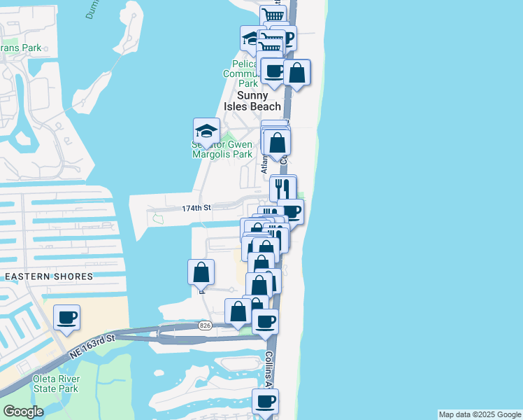 map of restaurants, bars, coffee shops, grocery stores, and more near 210 174th Street in Sunny Isles Beach