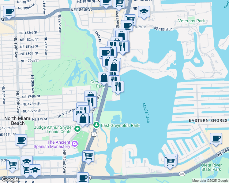 map of restaurants, bars, coffee shops, grocery stores, and more near 17399 Biscayne Boulevard in North Miami Beach