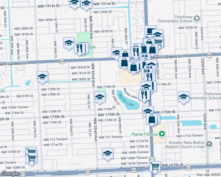 map of restaurants, bars, coffee shops, grocery stores, and more near 3000 NW 179th St in Miami Gardens