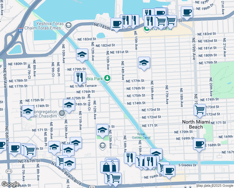 map of restaurants, bars, coffee shops, grocery stores, and more near 1363 Northeast 175th Street in North Miami Beach