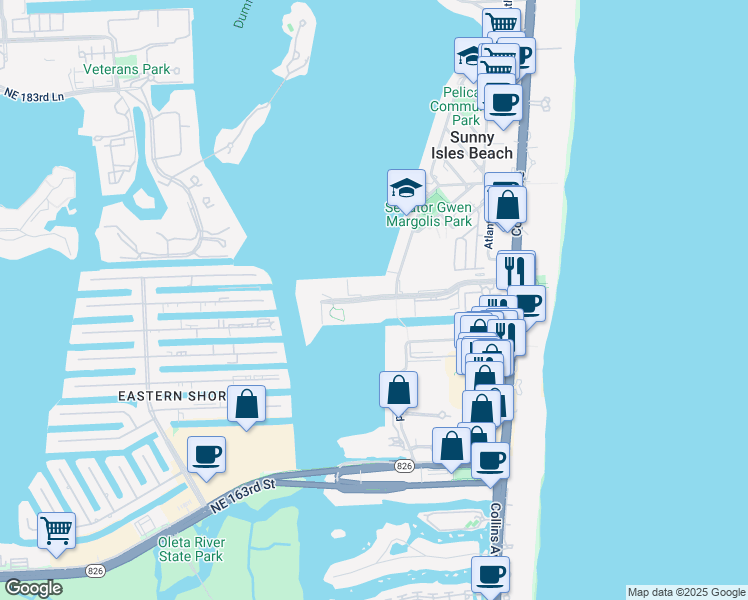 map of restaurants, bars, coffee shops, grocery stores, and more near 250 174th Street in Sunny Isles Beach