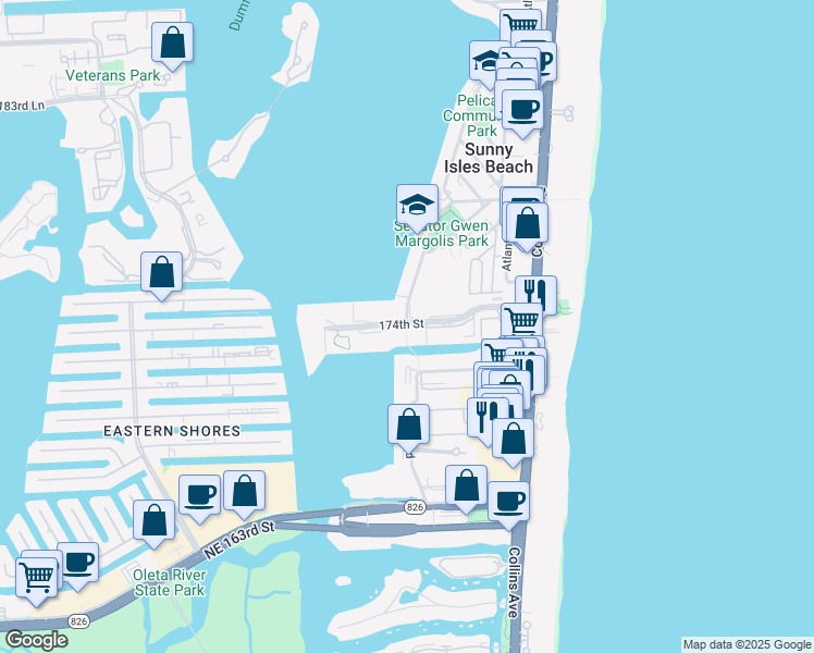 map of restaurants, bars, coffee shops, grocery stores, and more near 270 174th Street in Sunny Isles Beach