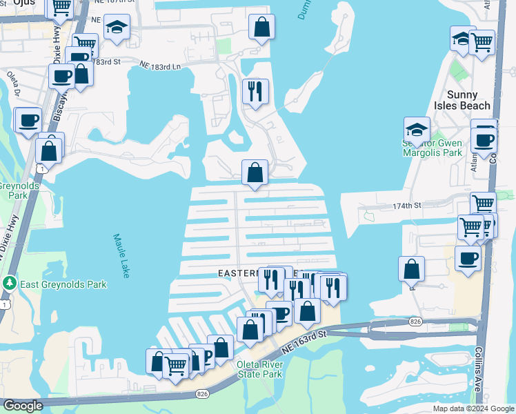map of restaurants, bars, coffee shops, grocery stores, and more near 3600 Northeast 170th Street in Miami