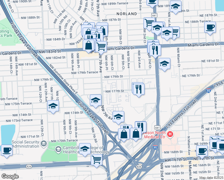 map of restaurants, bars, coffee shops, grocery stores, and more near 660 Northwest 177th Street in Miami Gardens