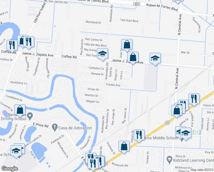 map of restaurants, bars, coffee shops, grocery stores, and more near 3950 Franke Avenue in Brownsville