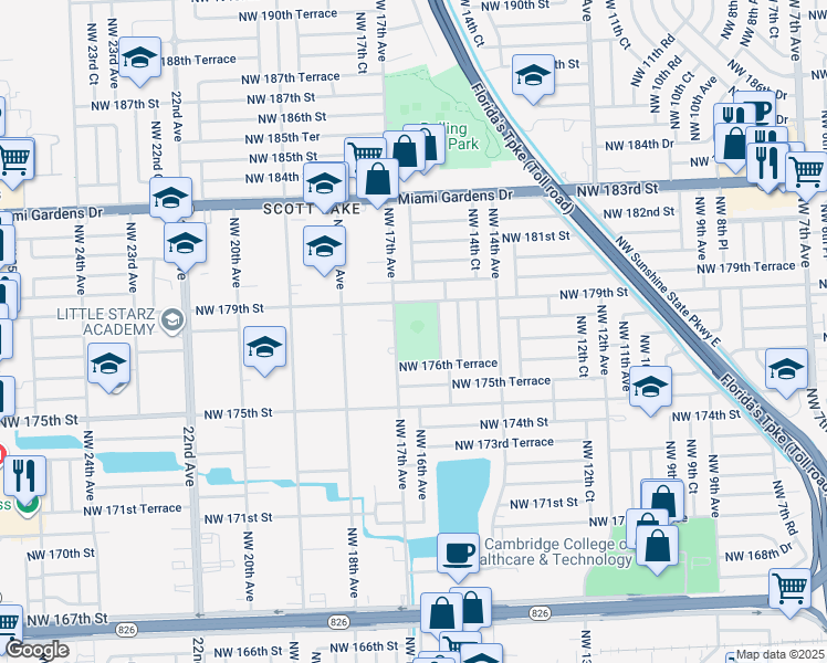map of restaurants, bars, coffee shops, grocery stores, and more near 17710 Northwest 15th Court in Miami