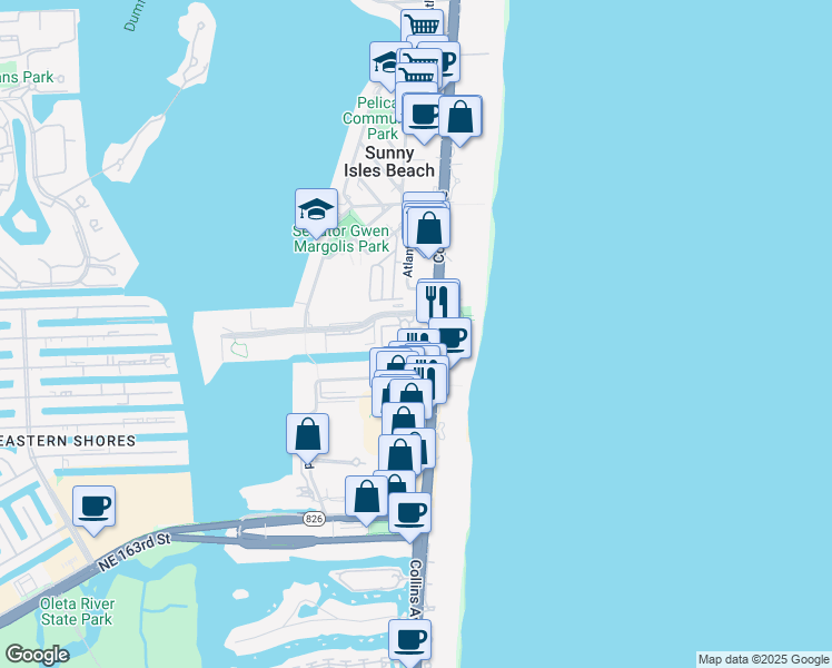 map of restaurants, bars, coffee shops, grocery stores, and more near 210 174th Street in Sunny Isles Beach