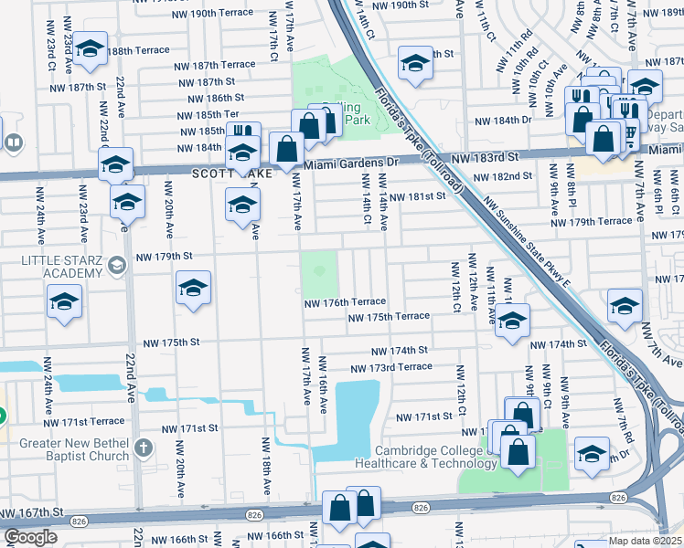 map of restaurants, bars, coffee shops, grocery stores, and more near 17721 Northwest 15th Court in Miami