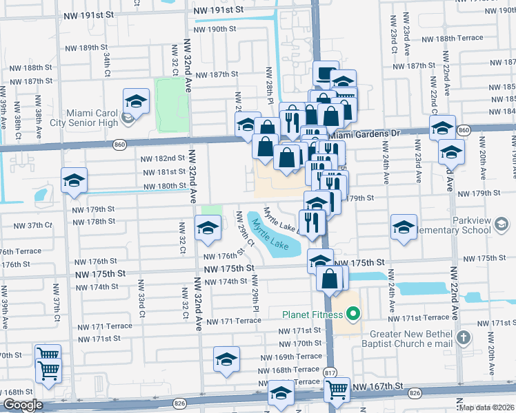 map of restaurants, bars, coffee shops, grocery stores, and more near 17821 Myrtle Lake Drive in Miami Gardens