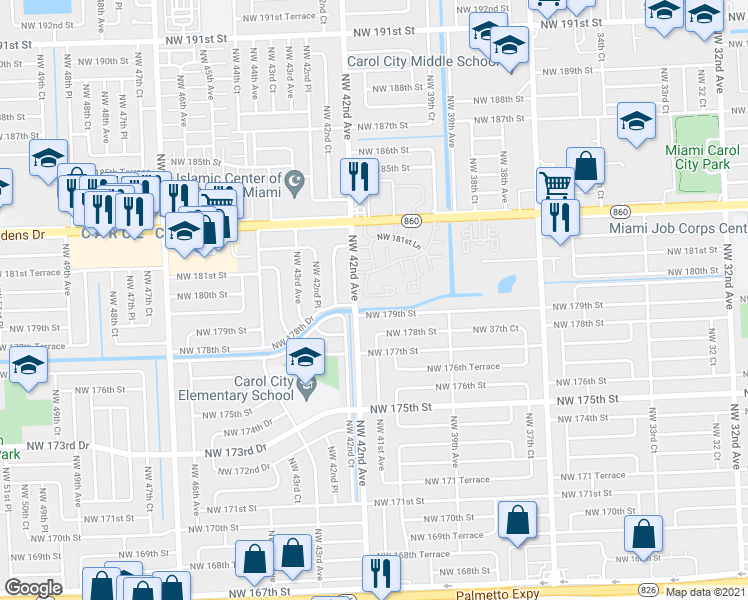 map of restaurants, bars, coffee shops, grocery stores, and more near 18018 Northwest 41st Place in Opa-locka