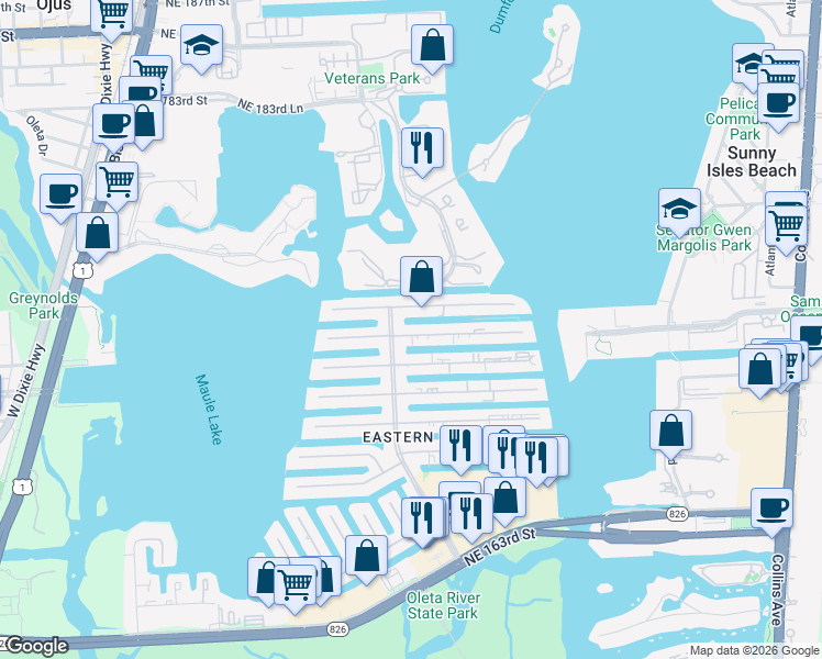 map of restaurants, bars, coffee shops, grocery stores, and more near 3600 Northeast 170th Street in Miami