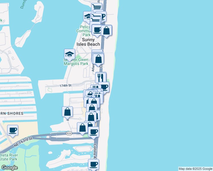 map of restaurants, bars, coffee shops, grocery stores, and more near 17315 Collins Avenue in Sunny Isles Beach