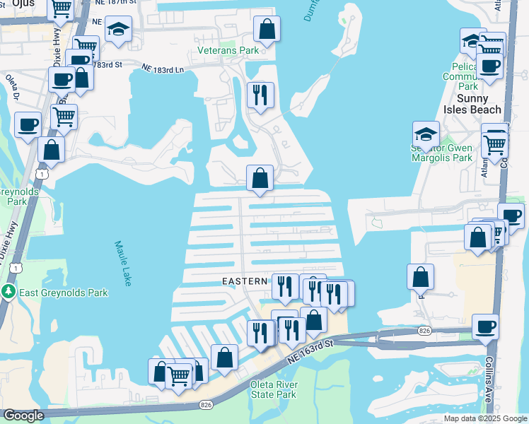 map of restaurants, bars, coffee shops, grocery stores, and more near 3600 Northeast 170th Street in Miami