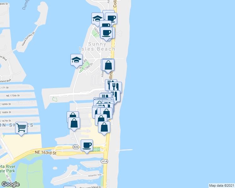 map of restaurants, bars, coffee shops, grocery stores, and more near 17315 Collins Avenue in Sunny Isles Beach