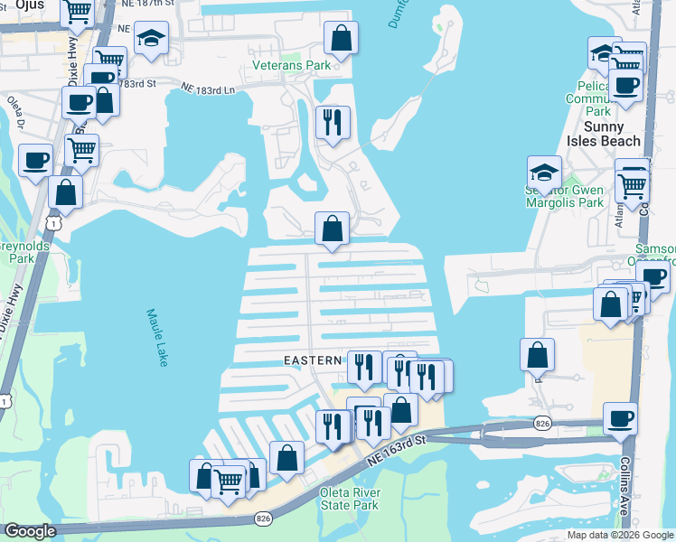 map of restaurants, bars, coffee shops, grocery stores, and more near 3600 Northeast 170th Street in Miami