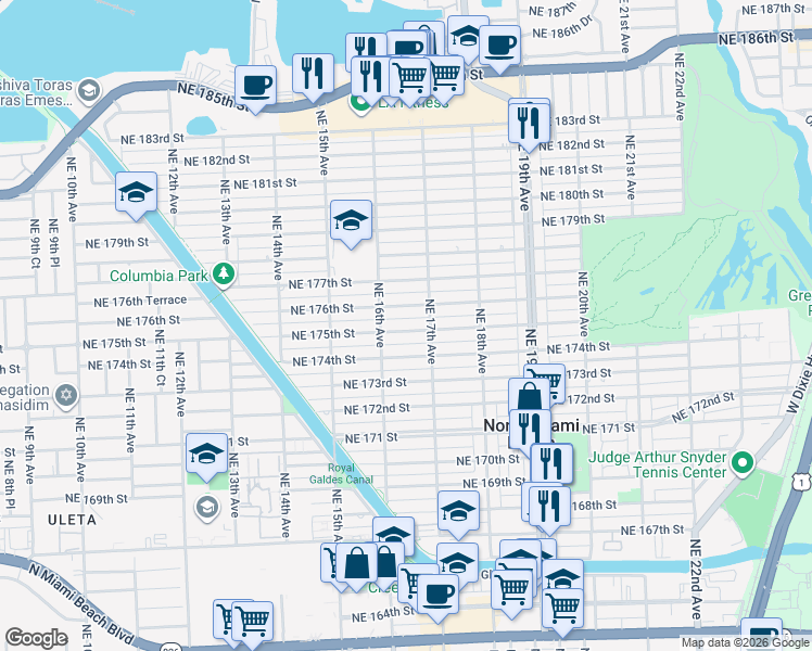 map of restaurants, bars, coffee shops, grocery stores, and more near 1648 Northeast 175th Street in North Miami Beach