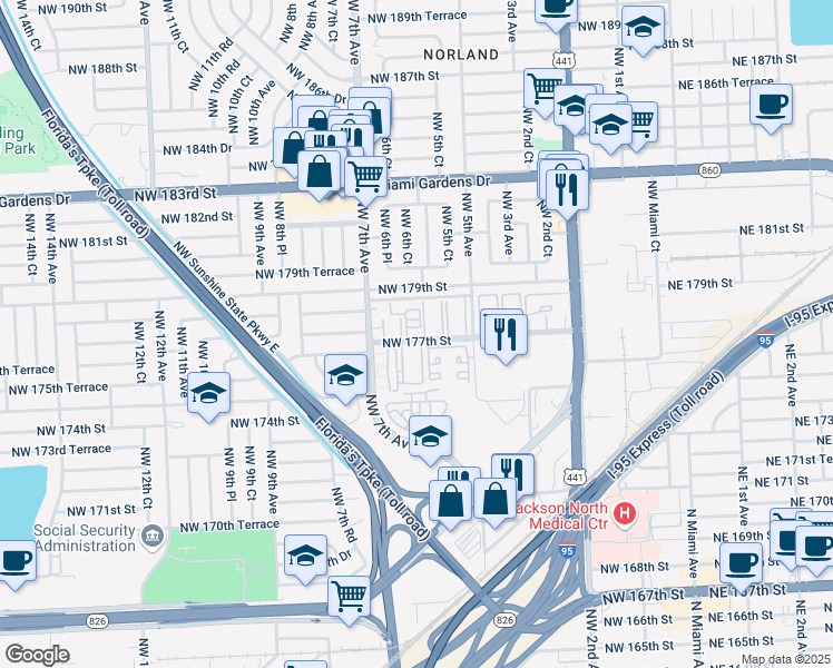 map of restaurants, bars, coffee shops, grocery stores, and more near 660 Northwest 177th Street in Miami Gardens