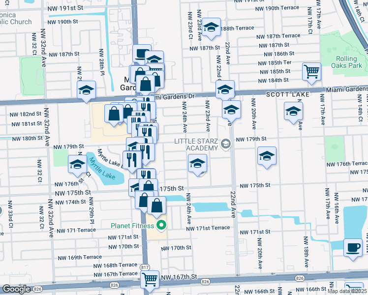 map of restaurants, bars, coffee shops, grocery stores, and more near 2402 Northwest 178th Terrace in Miami Gardens