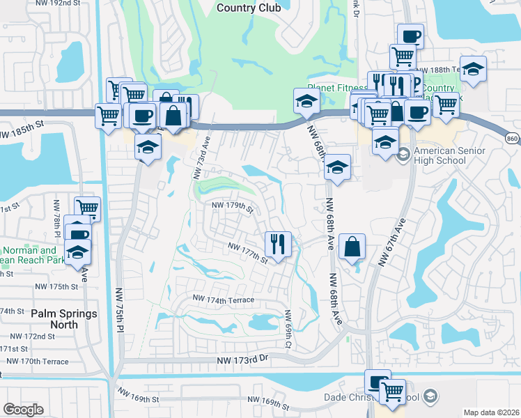 map of restaurants, bars, coffee shops, grocery stores, and more near 7075 Northwest 179th Street in Hialeah