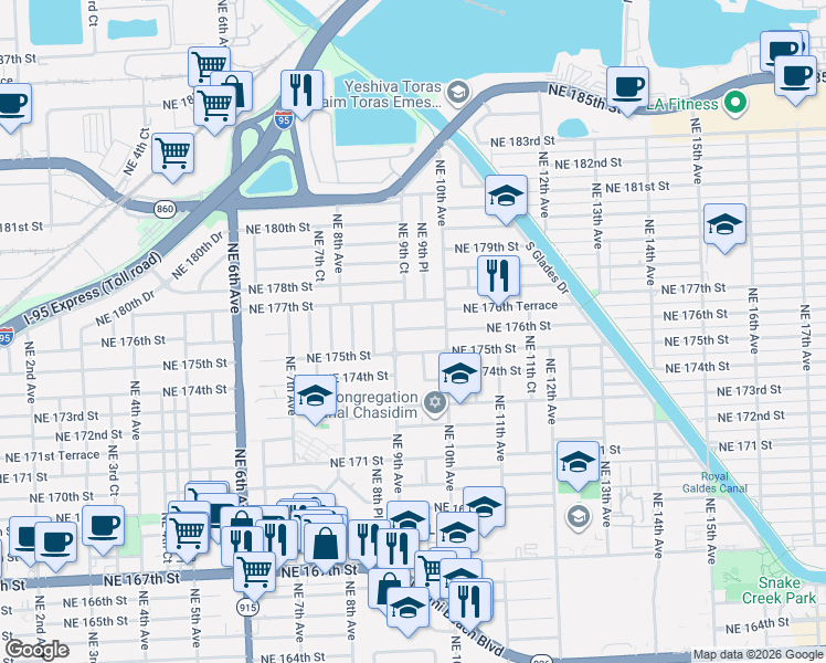 map of restaurants, bars, coffee shops, grocery stores, and more near 17500 Northeast 9th Avenue in North Miami Beach