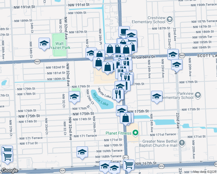 map of restaurants, bars, coffee shops, grocery stores, and more near 17821 Northwest 28th Court in Miami Gardens