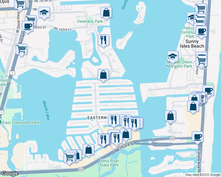 map of restaurants, bars, coffee shops, grocery stores, and more near 3750 Northeast 170th Street in North Miami Beach