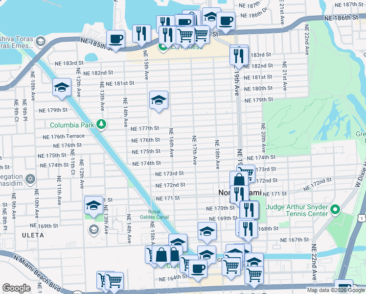 map of restaurants, bars, coffee shops, grocery stores, and more near 1648 Northeast 175th Street in North Miami Beach