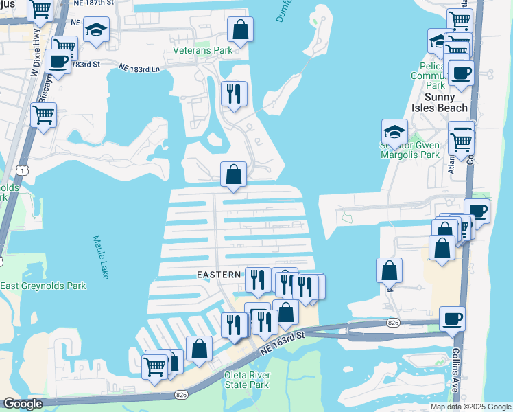 map of restaurants, bars, coffee shops, grocery stores, and more near 3750 Northeast 170th Street in North Miami Beach