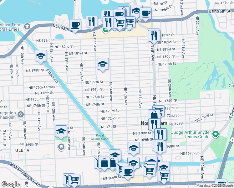 map of restaurants, bars, coffee shops, grocery stores, and more near 1648 Northeast 175th Street in North Miami Beach