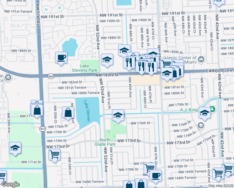 map of restaurants, bars, coffee shops, grocery stores, and more near 4952 Northwest 179th Terrace in Miami Gardens