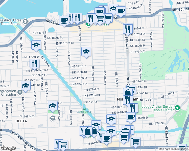 map of restaurants, bars, coffee shops, grocery stores, and more near 1574 Northeast 175th Street in North Miami Beach