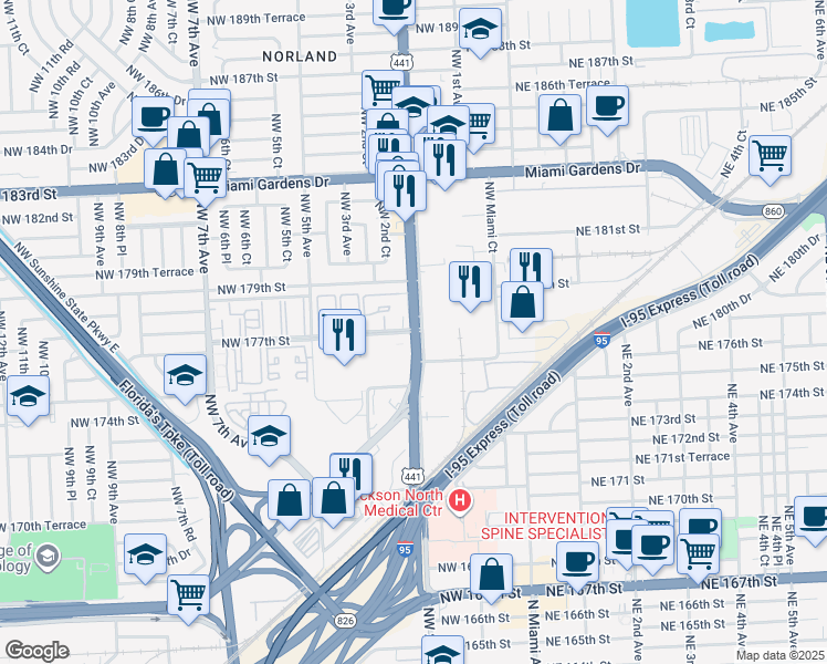 map of restaurants, bars, coffee shops, grocery stores, and more near NW 2nd Ave & NW 177th St in Miami Gardens