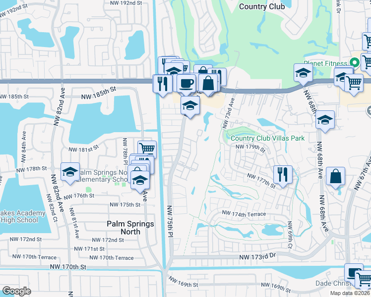 map of restaurants, bars, coffee shops, grocery stores, and more near 7459 Northwest 179th Terrace in Hialeah