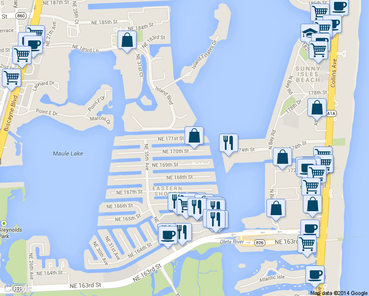 map of restaurants, bars, coffee shops, grocery stores, and more near 3750 Northeast 170th Street in North Miami Beach