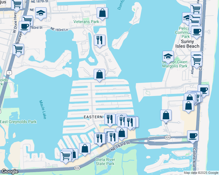 map of restaurants, bars, coffee shops, grocery stores, and more near 3750 Northeast 170th Street in North Miami Beach