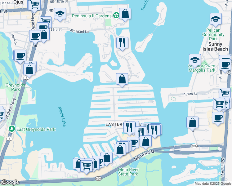 map of restaurants, bars, coffee shops, grocery stores, and more near in North Miami Beach