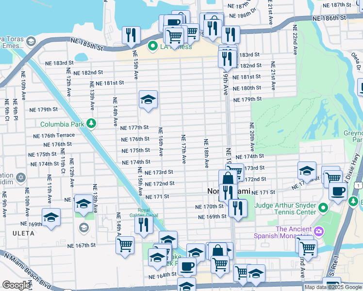 map of restaurants, bars, coffee shops, grocery stores, and more near 1724 Northeast 175th Street in North Miami Beach