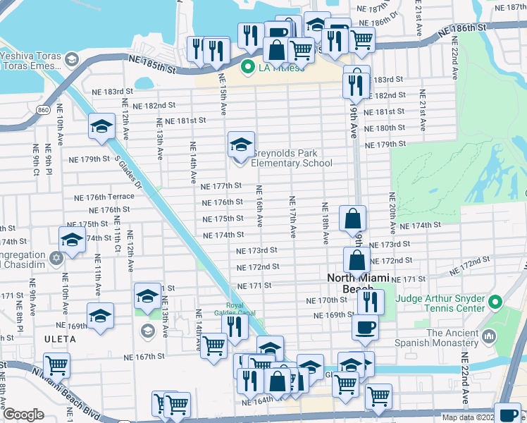 map of restaurants, bars, coffee shops, grocery stores, and more near 1574 Northeast 175th Street in North Miami Beach