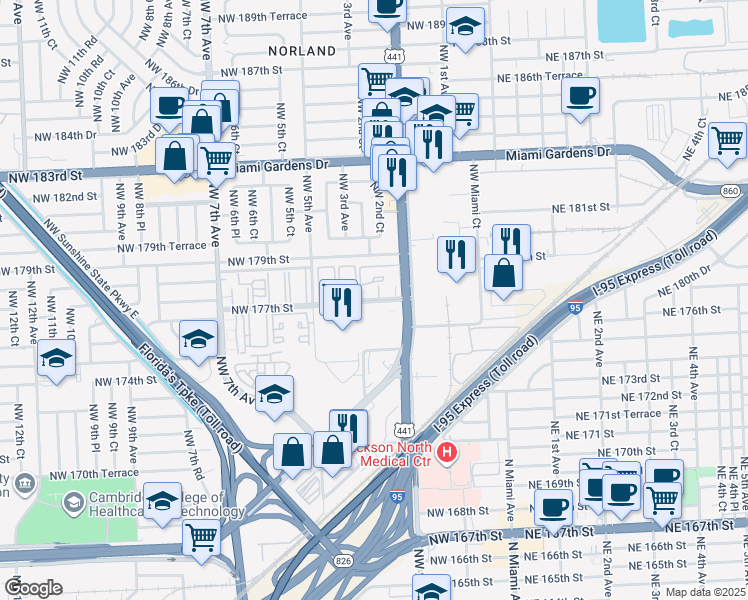 map of restaurants, bars, coffee shops, grocery stores, and more near in Miami Gardens