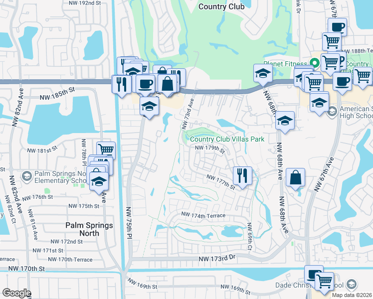 map of restaurants, bars, coffee shops, grocery stores, and more near 17720 Northwest 73rd Avenue in Hialeah