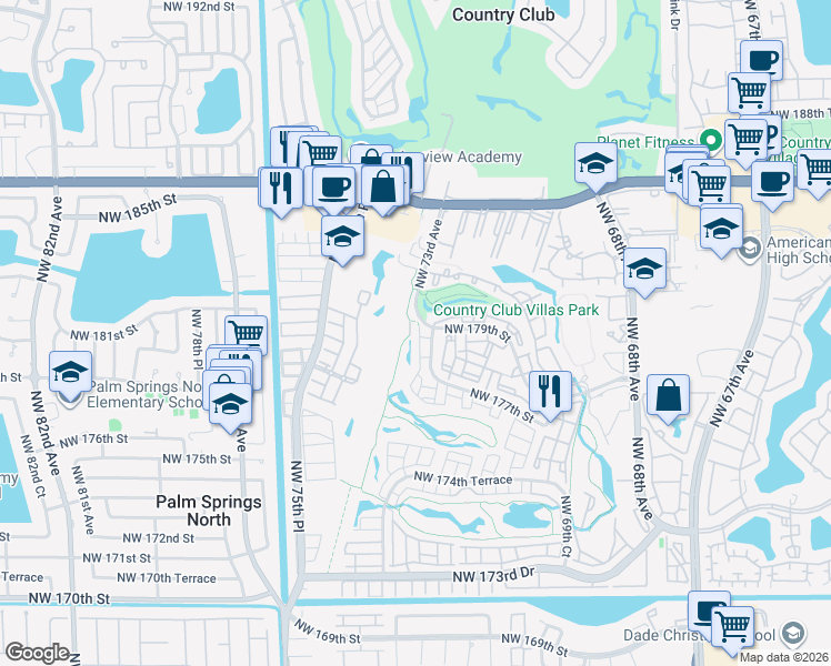 map of restaurants, bars, coffee shops, grocery stores, and more near 17720 Northwest 73rd Avenue in Hialeah