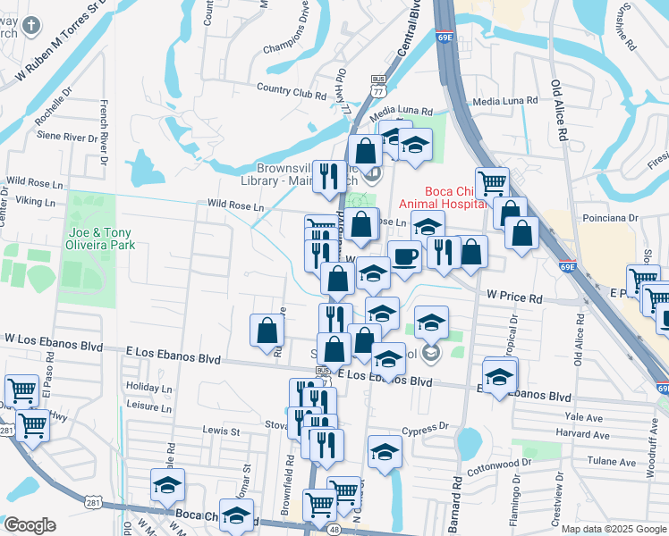 map of restaurants, bars, coffee shops, grocery stores, and more near 2235 Central Boulevard in Brownsville