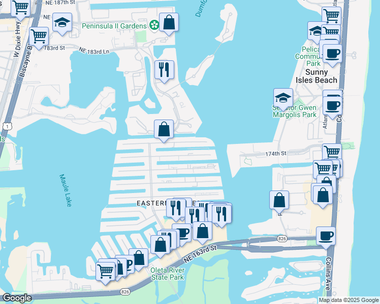 map of restaurants, bars, coffee shops, grocery stores, and more near 3750 Northeast 170th Street in North Miami Beach