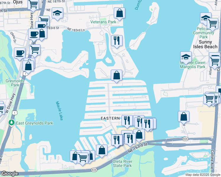 map of restaurants, bars, coffee shops, grocery stores, and more near in North Miami Beach