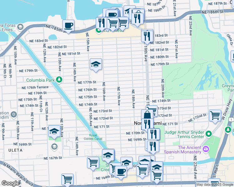 map of restaurants, bars, coffee shops, grocery stores, and more near 1724 Northeast 175th Street in North Miami Beach