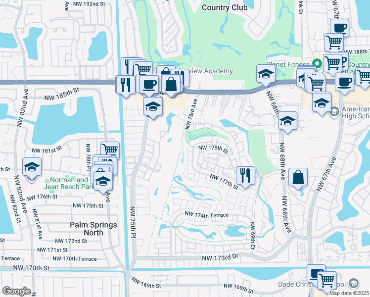 map of restaurants, bars, coffee shops, grocery stores, and more near 17720 Northwest 73rd Avenue in Hialeah