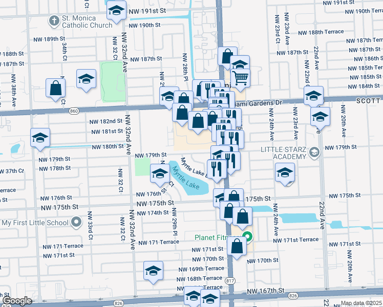 map of restaurants, bars, coffee shops, grocery stores, and more near 20811 Northwest 28th Court in Miami Gardens